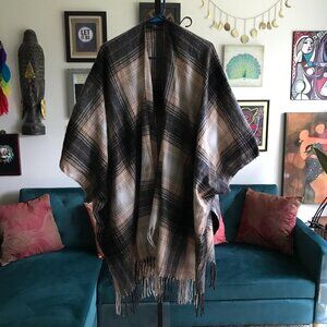 LUCKY BRAND Earth Tones Soft Plaid Fringe Drape Front Fleece Cape Open O/S